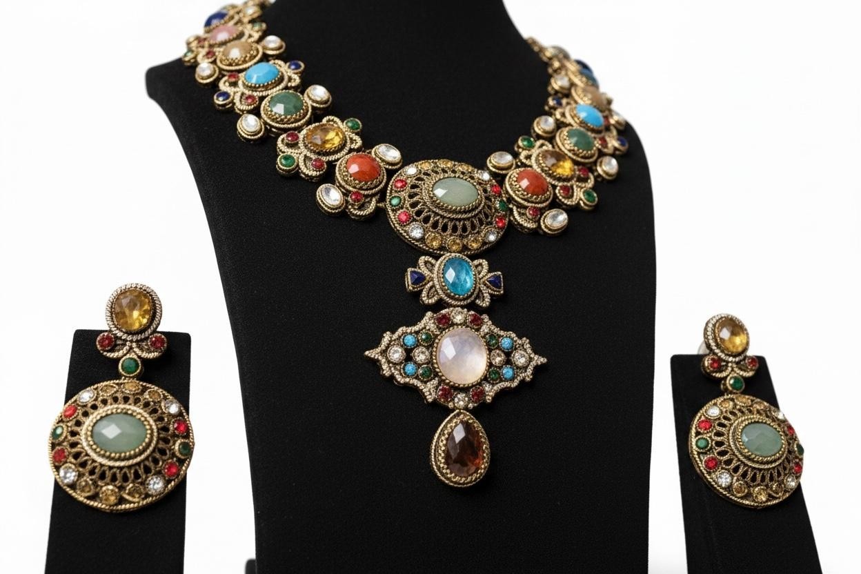 Sabyasachi Inspired Navratan Kundan Statement Necklace Set