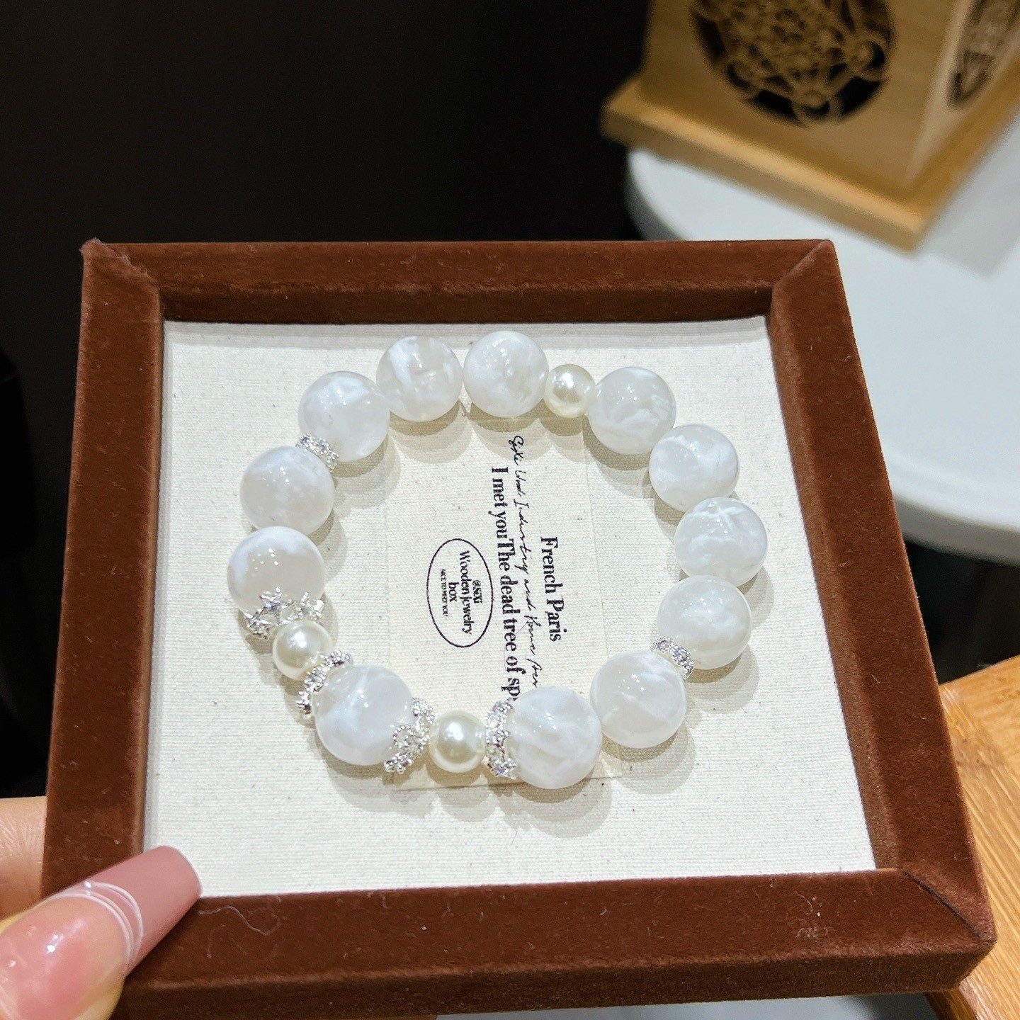 13mm Natural White Snowflake Phantom Crystal Beaded Handmade Bracelet