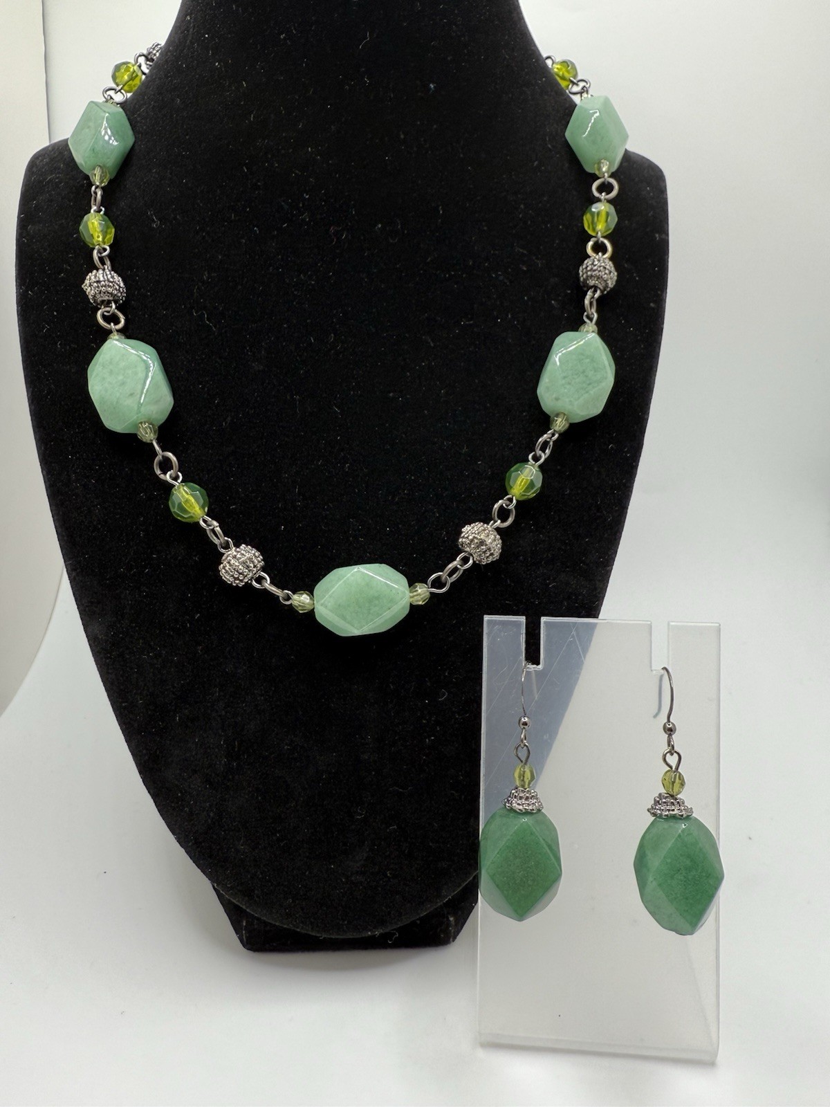 Teal Green Gemstone Aventurine Necklace Earring Set Olive Glass Silver-tone