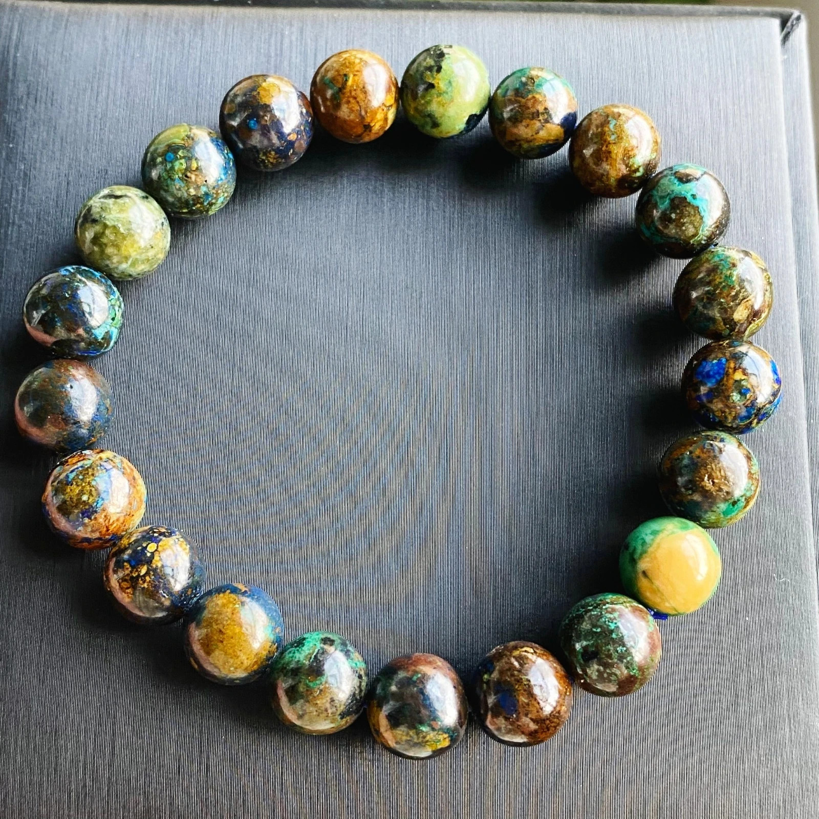 9.8mm Natural Color Azurite & Malachite Crystal Quartz Beads Bracelet C1821