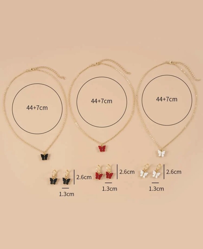 Butterfly Red White Black gold chain Necklace Earrings huggie Set 3PCS UK Gift