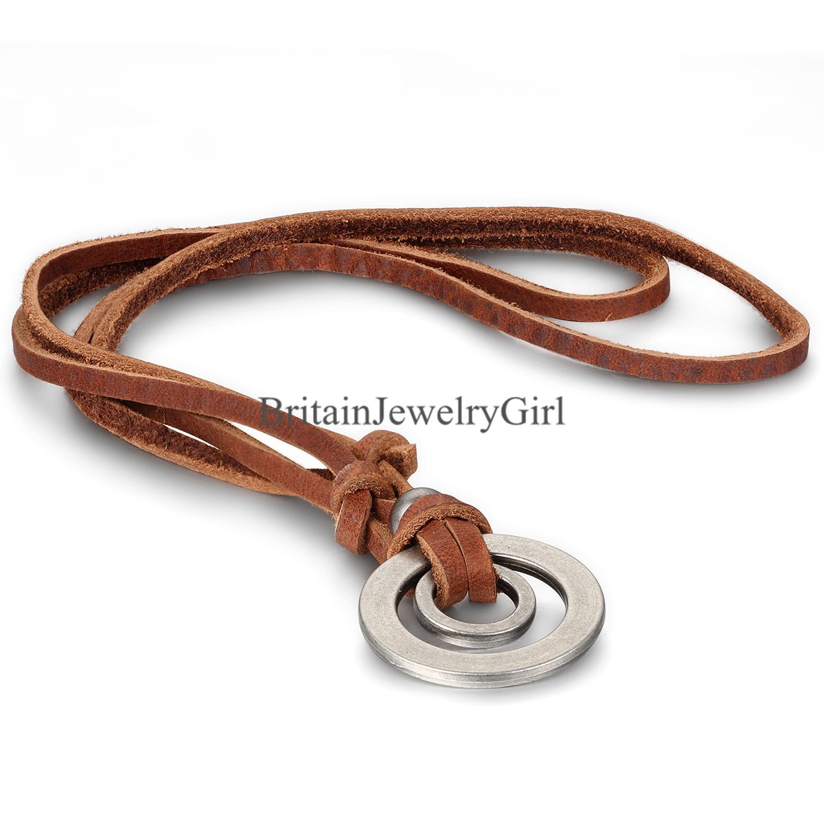 Classic Double Ring Pendant Adjustable Men Women Brown Leather Cord Necklace