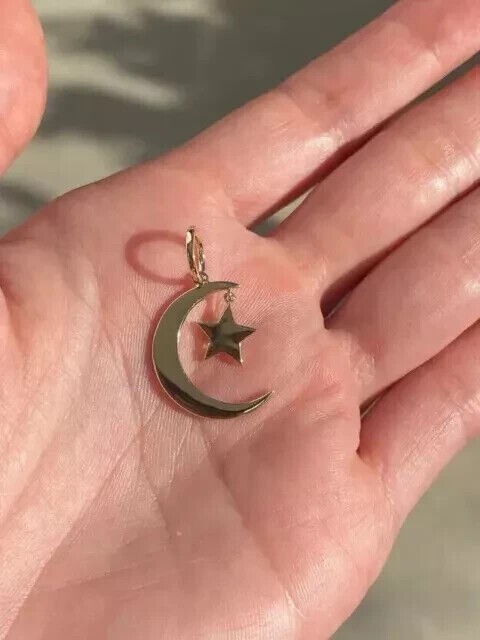 Round Cut Simulated Diamond Crescent Moon Pendant Chain 14k Yellow Gold Plated
