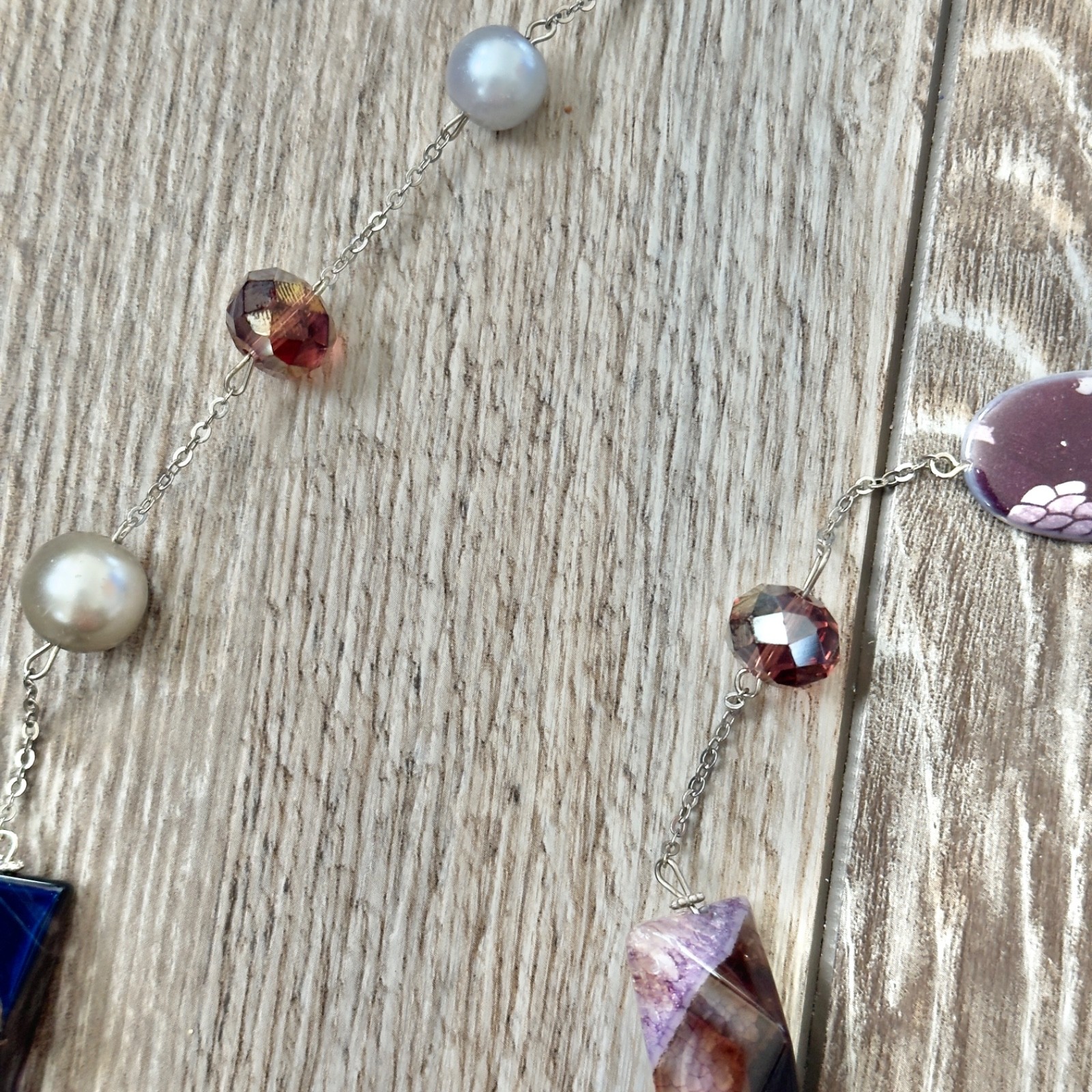 Mixed Materials Beaded Chain Necklace Stone Glass Plastic Faux Pearl Silver Tone