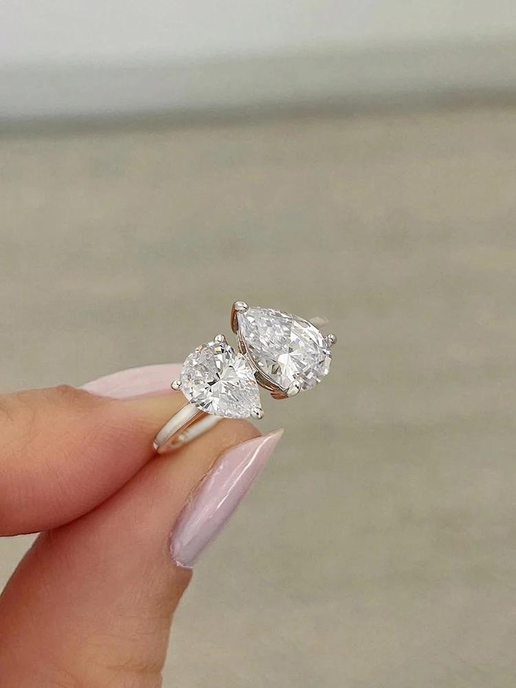925 Silver Sparkling Water Drop Pear Ring Women Wedding Gift