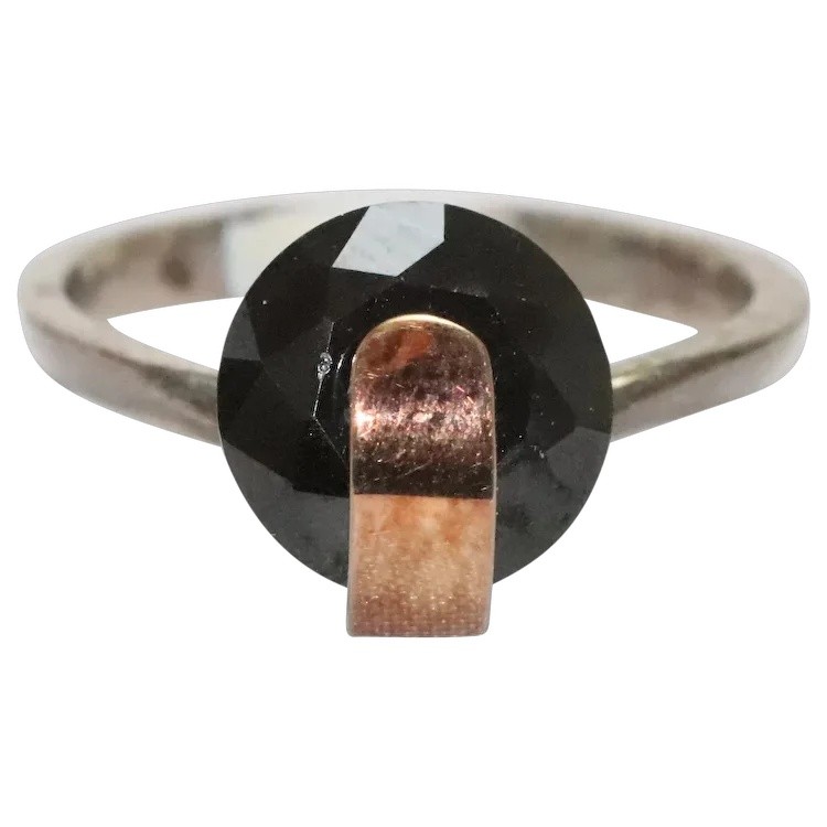 Sterling Silver and 14 KT Gold Black Flux Onyx Ring