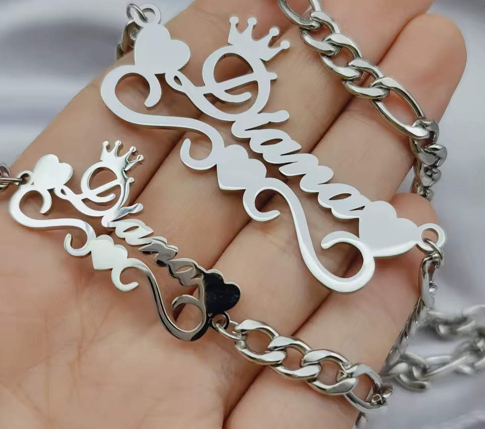 Custom Name Jewelry Set Bracelet Necklace Heart Gold Silver Stainless Steel Gift