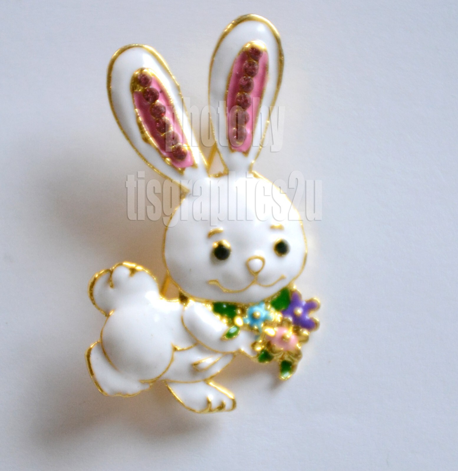 Easter Bunny w Flowers Pin / Spring Brooch / White Rabbit w Pink Ears