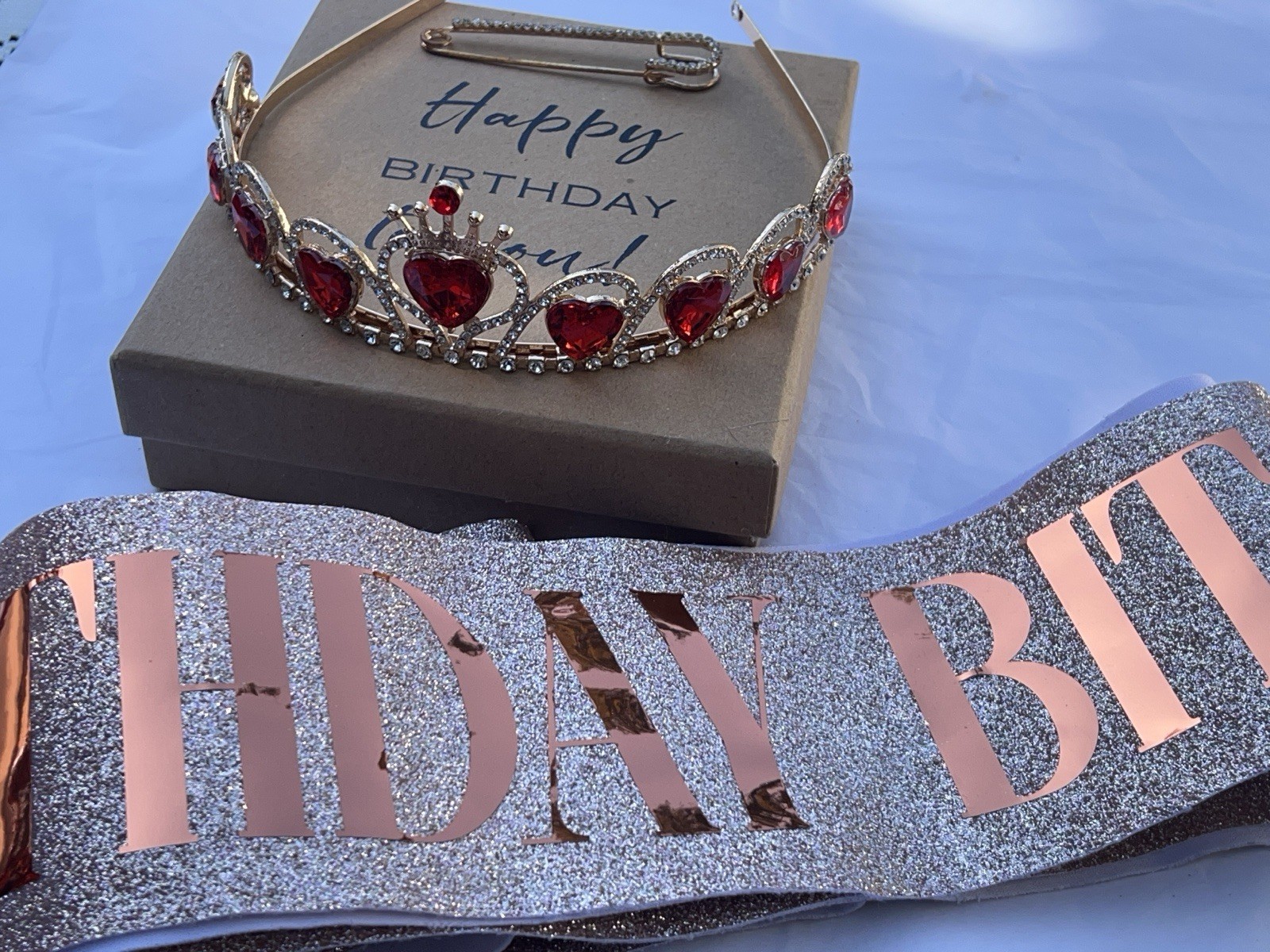Birthday Bitch Party Set Tiara Sash & Rhinestone Pin Rose Gold Red Hearts