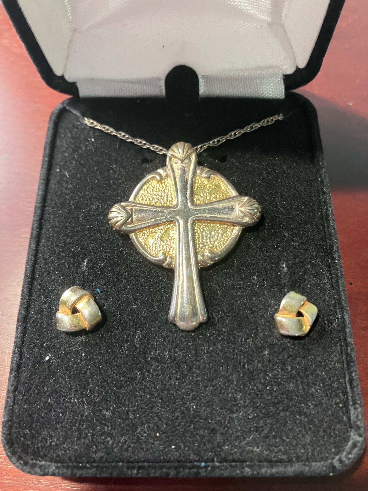 Vintage Silver Two-Toned Cross Necklace (Gorham Sterling) & Interwoven Earrings