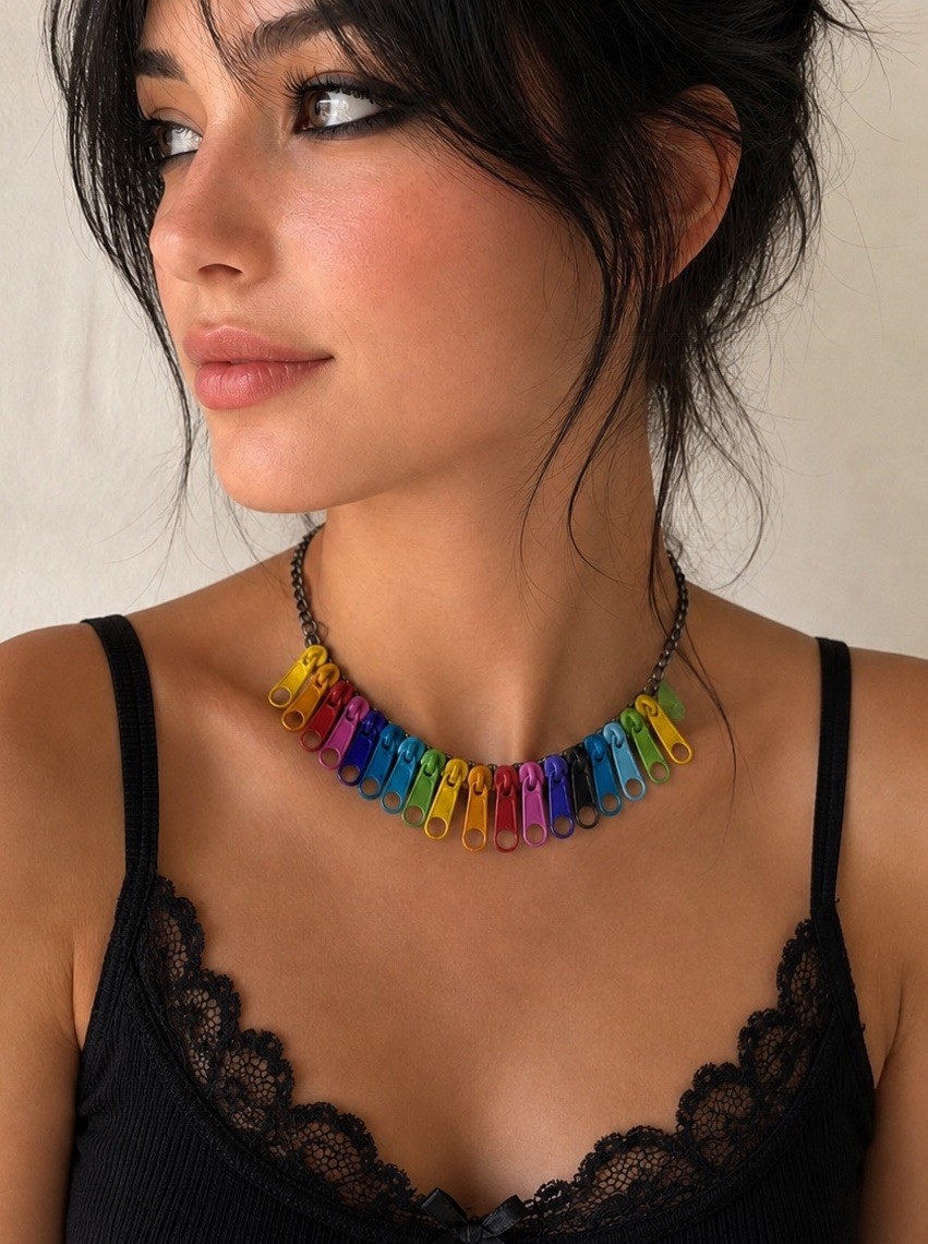 Claire’s Rainbow Zipper Pull Choker Necklace Y2K Scene Emo Indie Sleaze