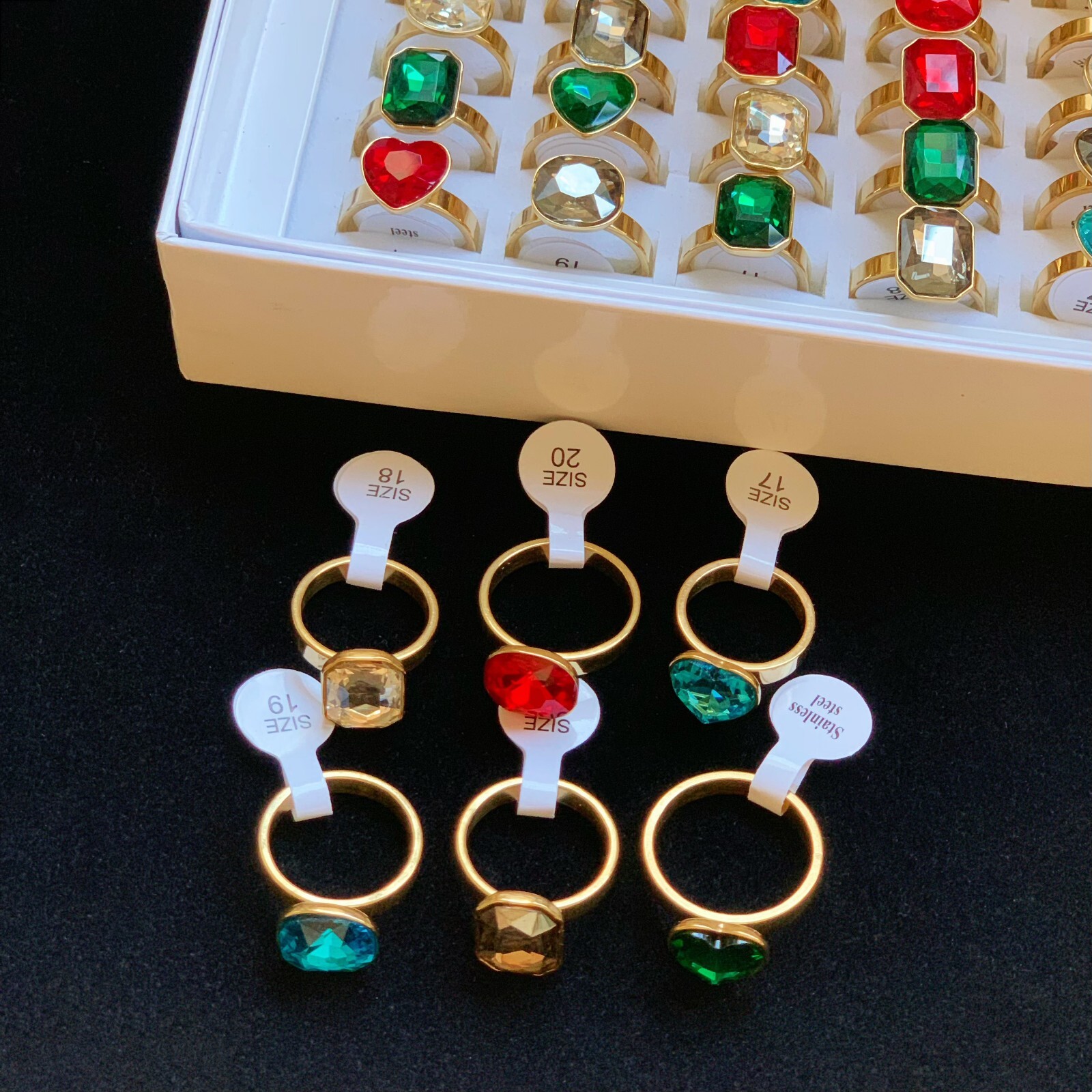 30pcs Colorful Crystal Zircon Wedding Rings Mix Women Gold Plated Party Jewelry