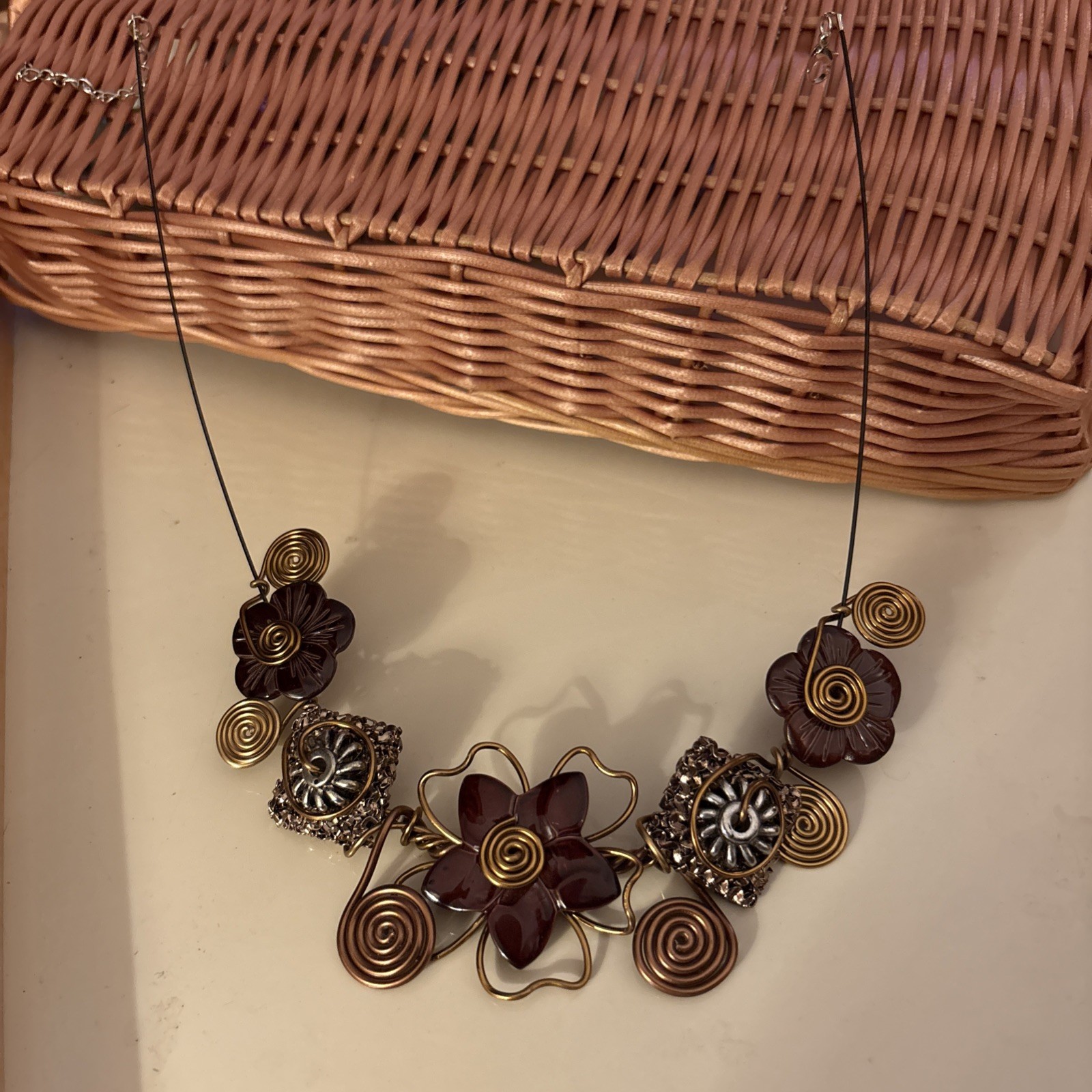 Artisan copper silver plastic necklace handmade artisan fair