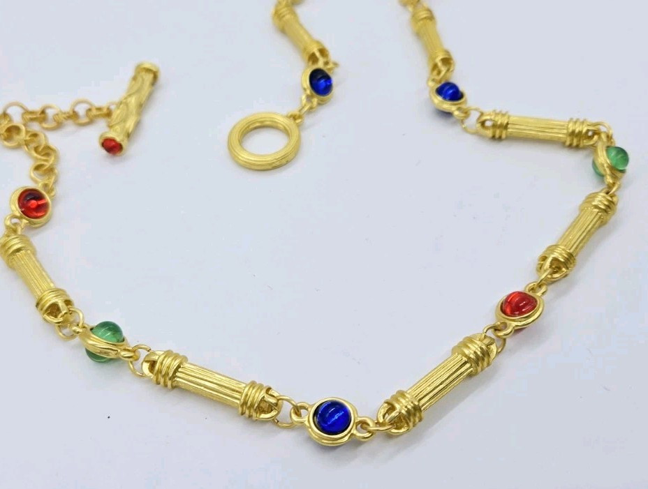 Gripoix Style Staion Necklace Red Blue Green Matte Gold Tone Poured Resin 19 in