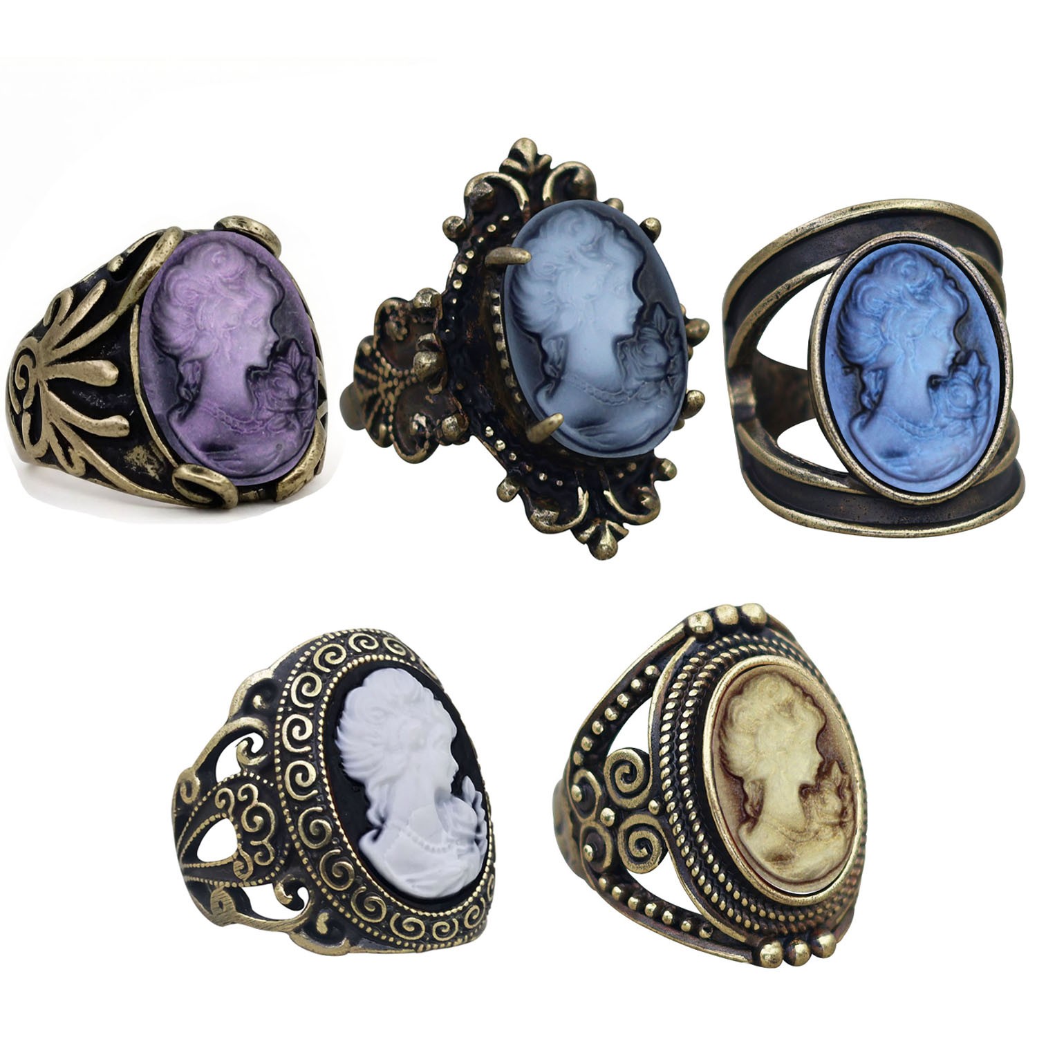 Wholesale 10x Vintage Victorian Lady Cameo Rings Set Antique Bronze Mixed Sizes