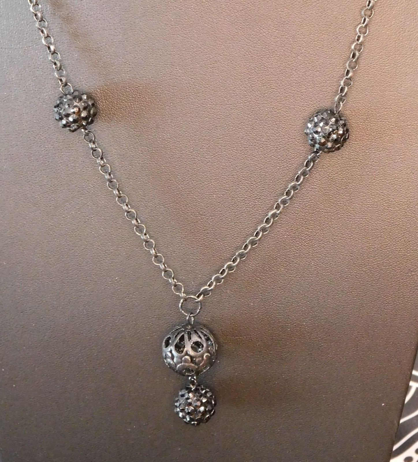 Gothic Rhinestone Orb Necklace On Silver Tone Chain