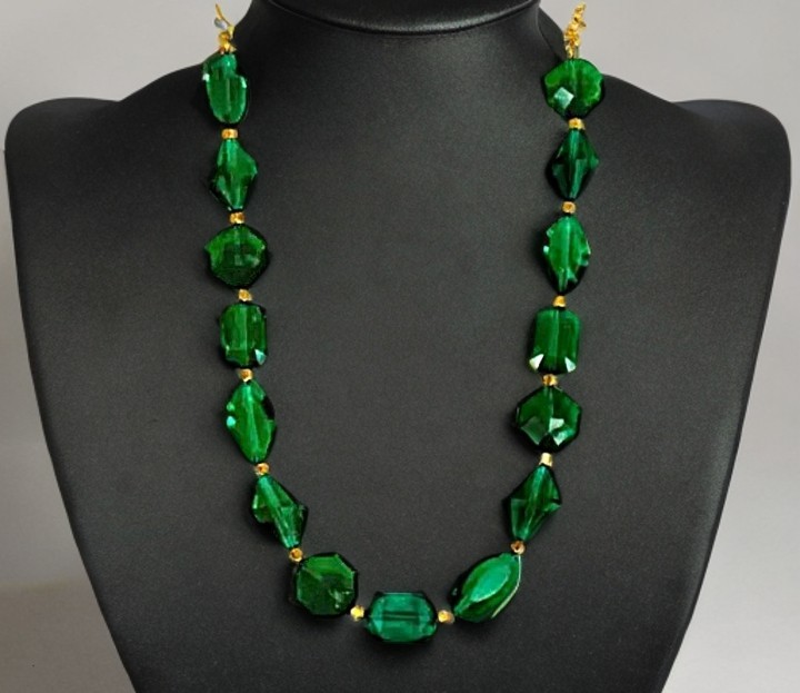 Green glass bead necklace with mixed glass beads shapes and small gold beads New