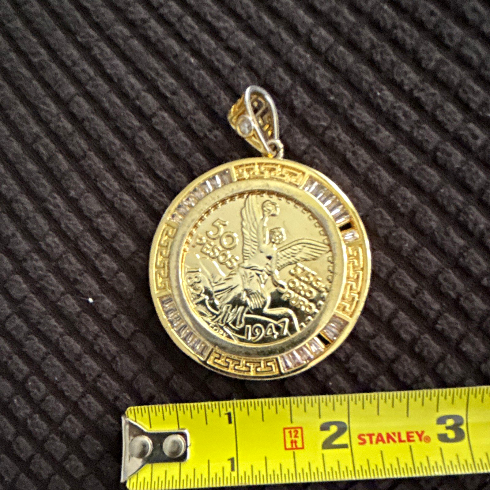 50 Pesos Coin Pendant Charm Round Gold Tone Two-Tone Greek Key Border Bail