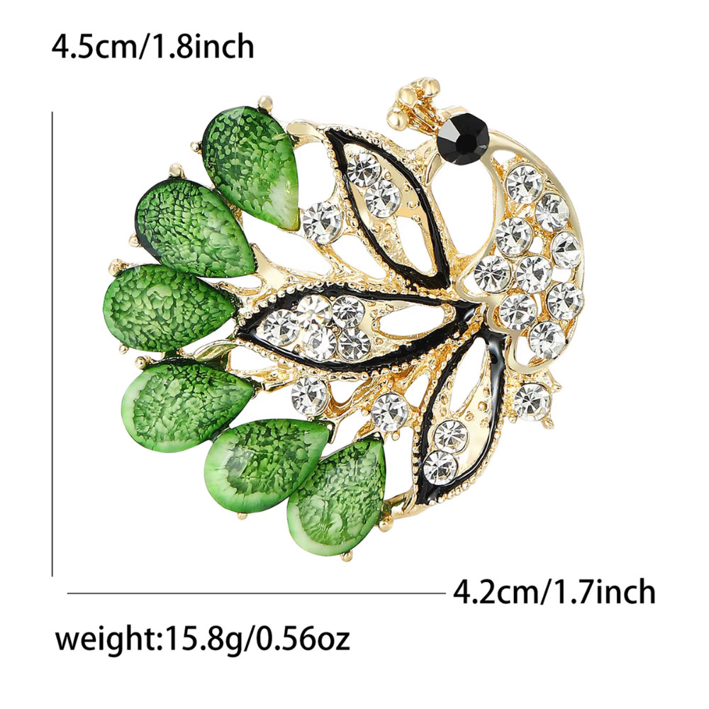 Green Crystal Peacock Brooch Pin Gold Tone Rhinestone Bird Statement JewelryGift