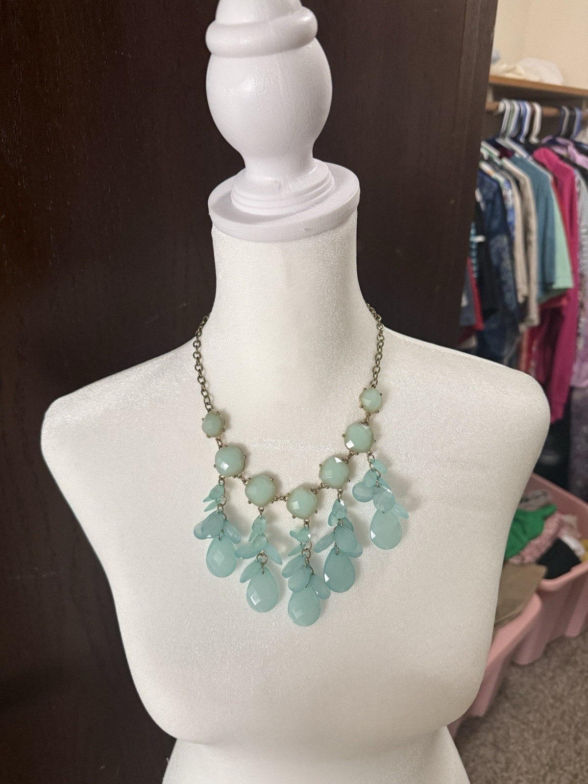 Blue Teardrop Glass Bead Bib Statement Necklace Silver Tone Cable Chain
