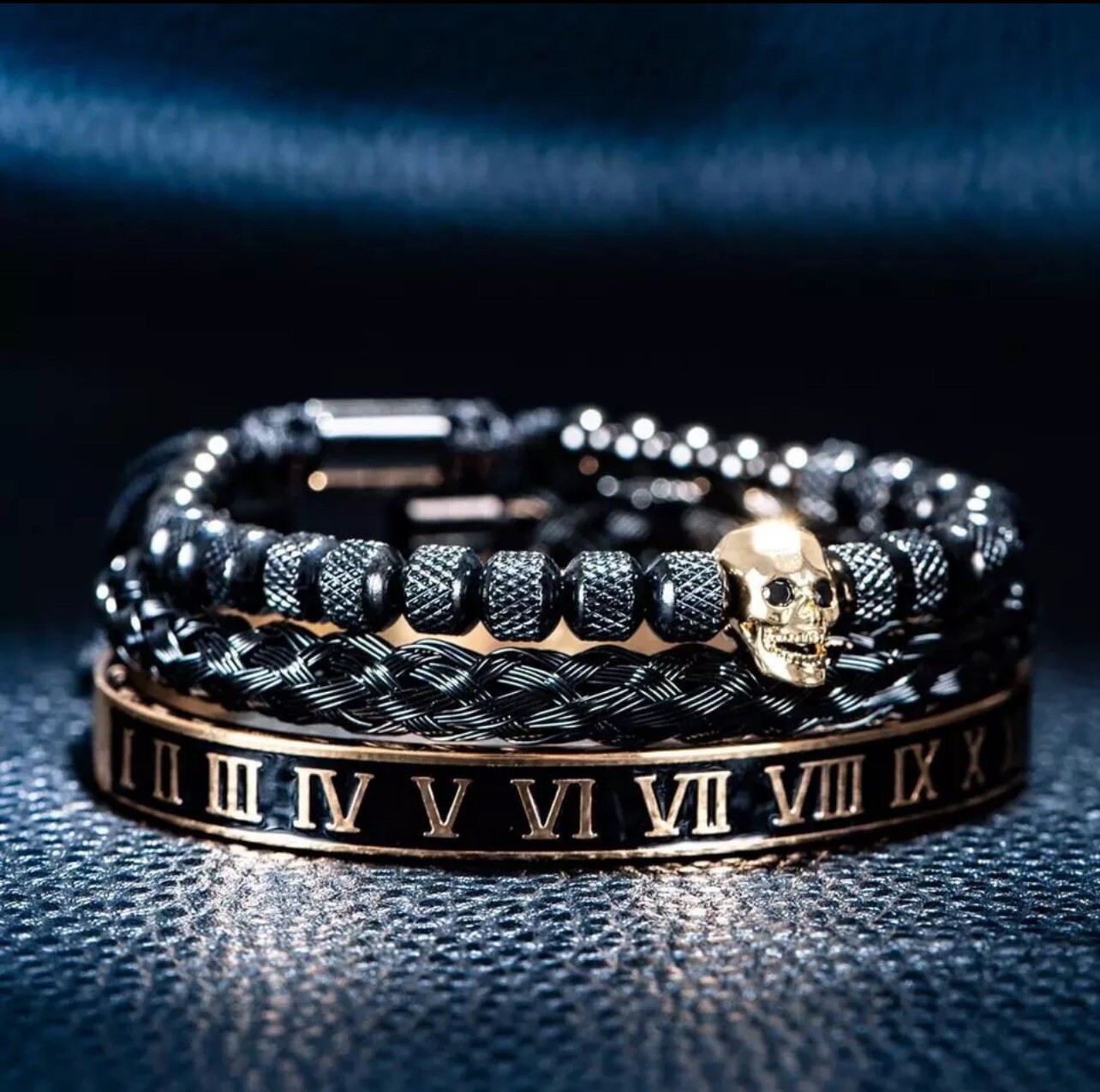 3pcs Skull Charm Bracelets for Men – Adjustable Stainless Steel Roman Bangles