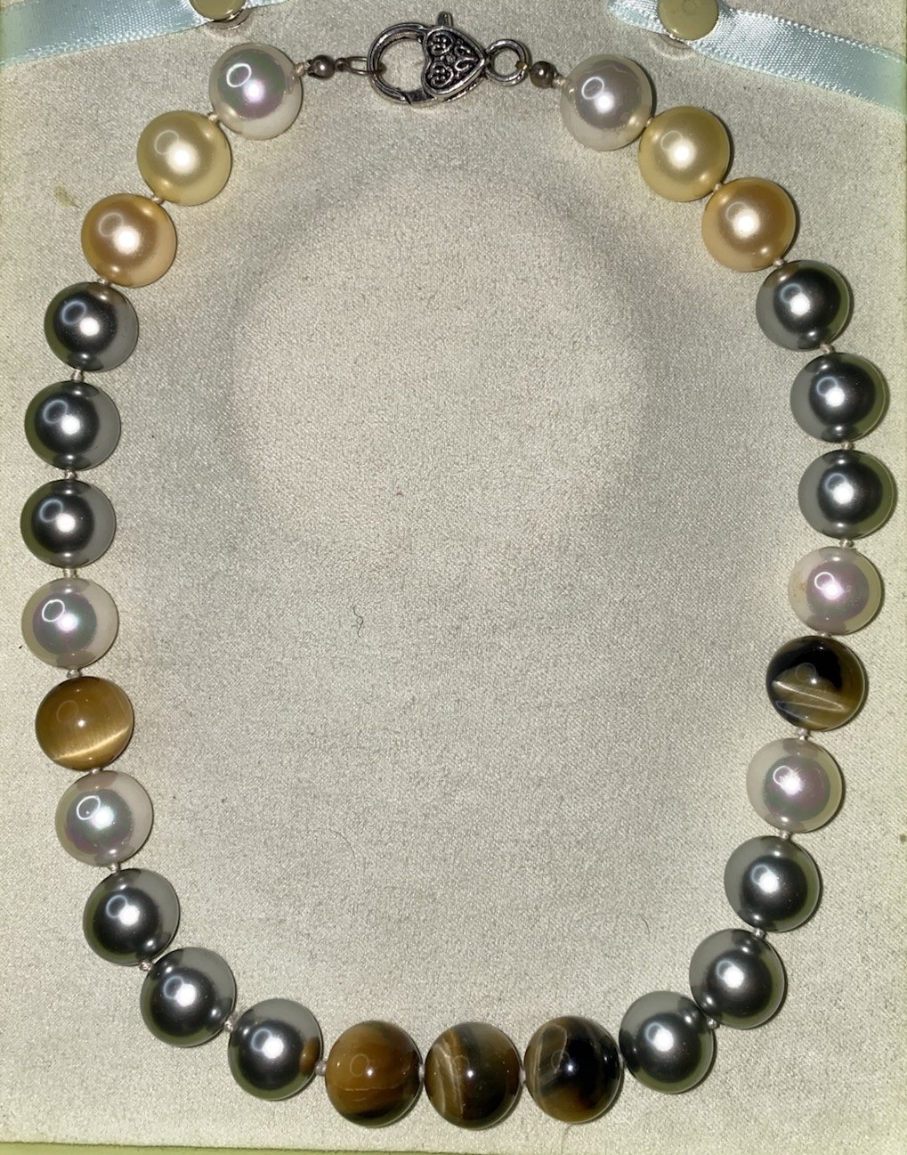 Glass White Gray Pearls & Tiger’s Eye 14mm Beads Knotted Necklace 16”