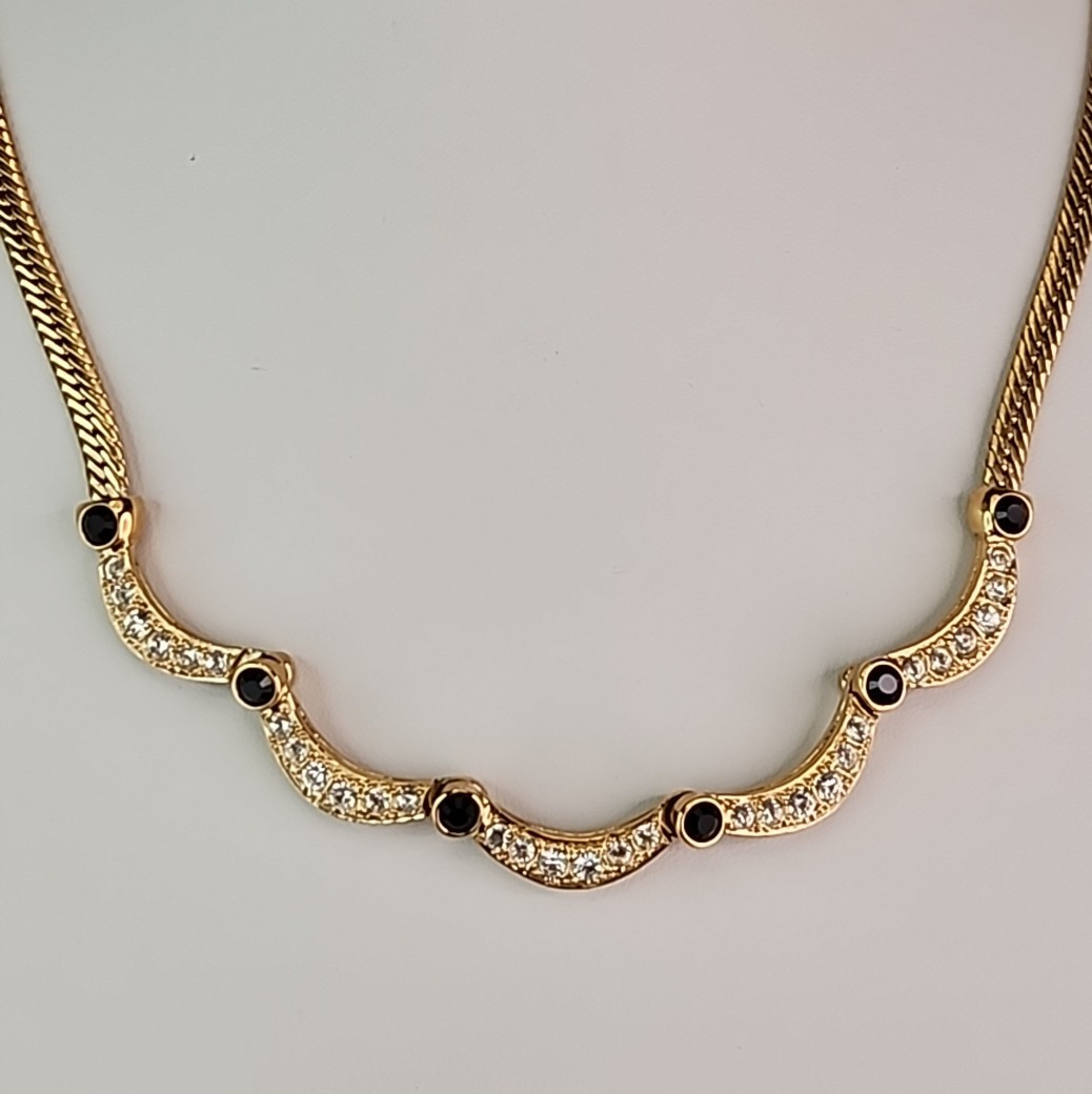 Rhinestone Chain Necklace Scalloped Clear Glass Gold Tone Herringbone 21″