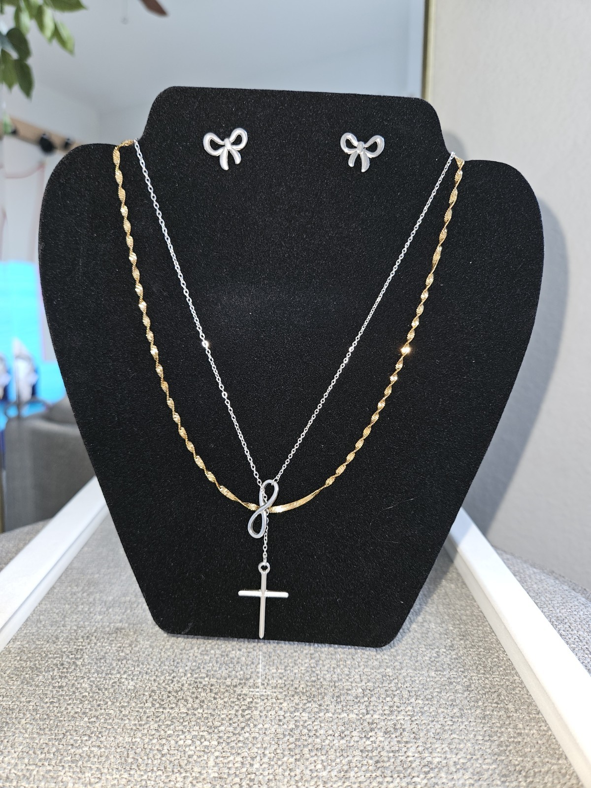 Stainless Steel Rosary Cross Infinity Necklace Layered Twist Gold Set w/ Earring