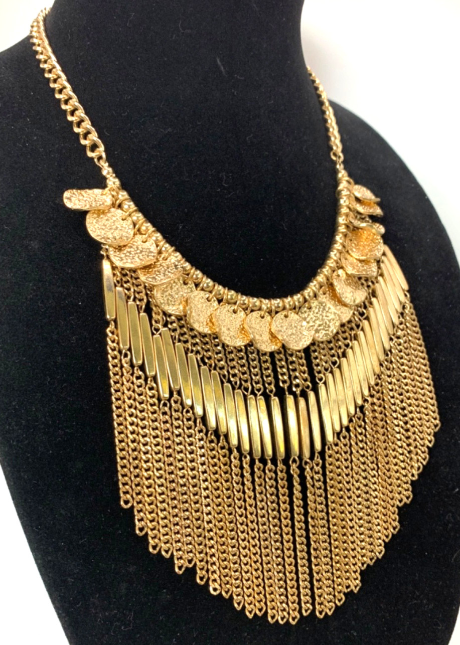 Unique Gold Tone Fringe Chain Round Disc Accent Bib Statement Necklace