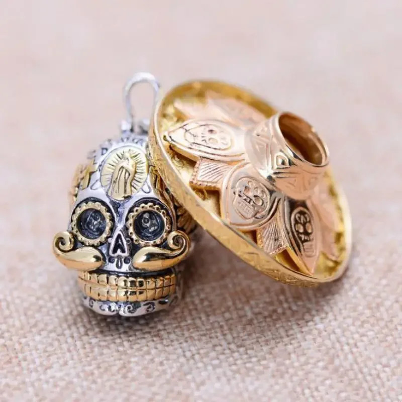 Sugar Skull Hat Jewelry 2-Tone Gothic Religious Pendant Necklace