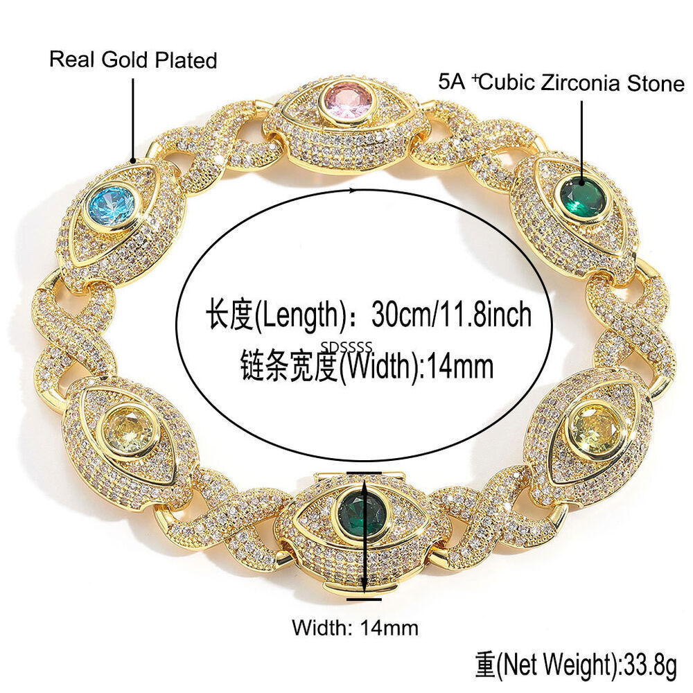 Cuban Chain Necklace Bracelets Zircon Mens Jewelry Hip Hop Colorful Eye