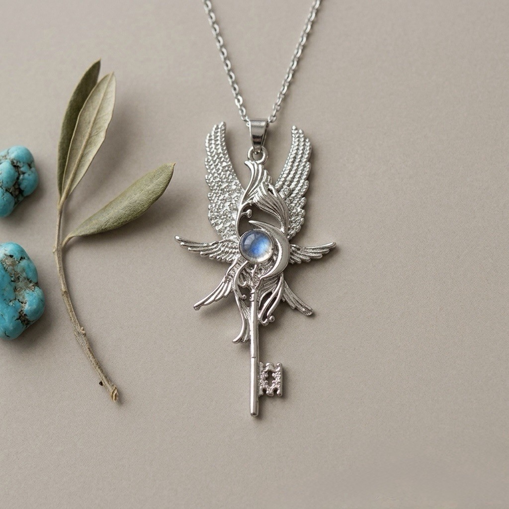 Angel Winged Key Amulet Pendant Necklace Chain Silver Tone Blue Round Stone