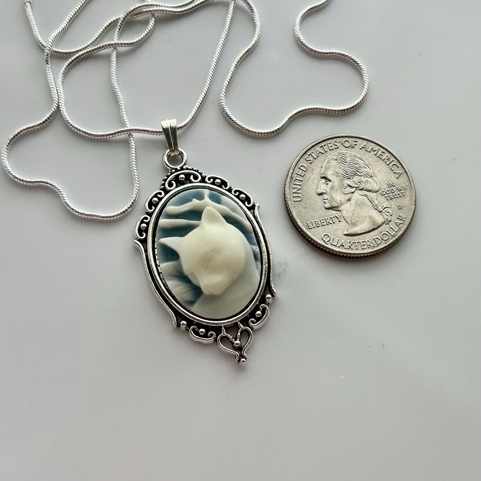 Cat Cameo Necklace Vtg Victorian Style Pendant Cream/Blue, Sterling Silver Chain