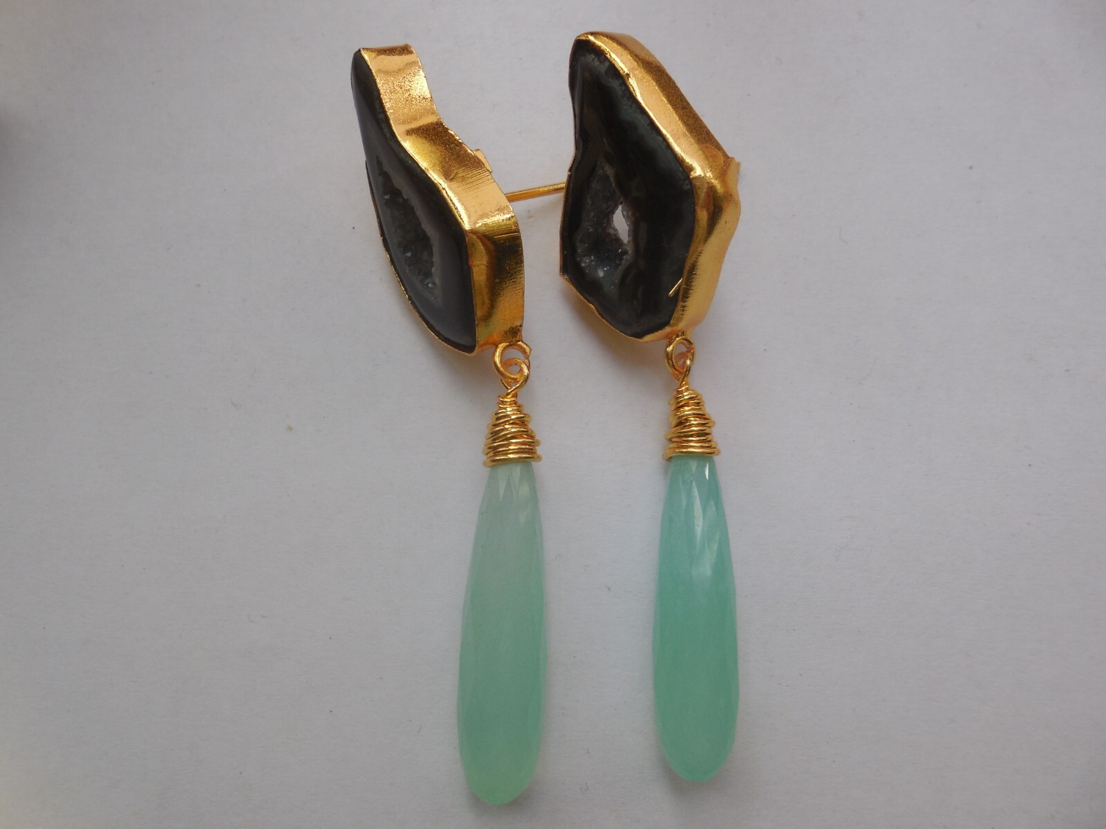 Druzy Chandelier Earrings Elongated Chalcedony Drop Gemstone Gold Plated Jewelry
