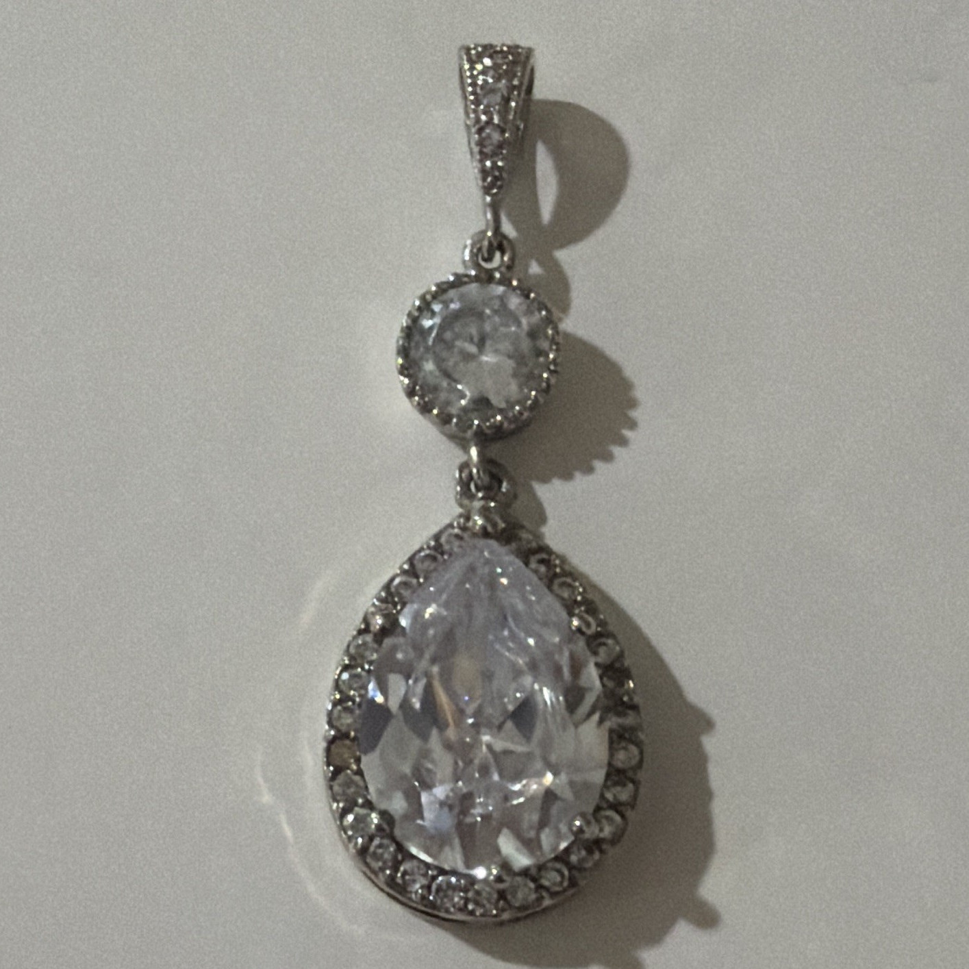 Silver Plated Clear Cubic Zirconia Teardrop Halo Charm Pendant, Pave Bail