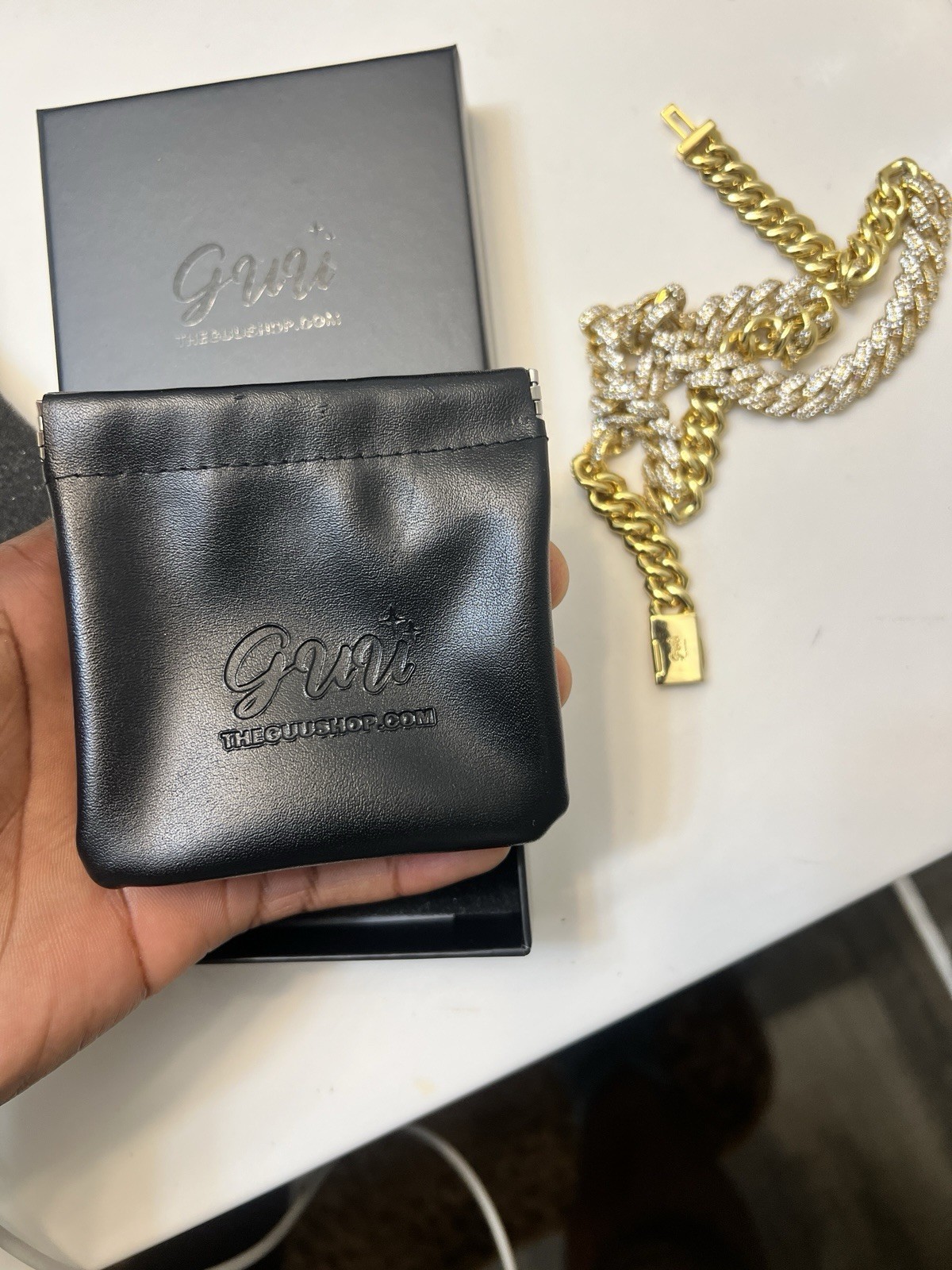 Guu Signed Gold Cuban w diamond cuts Link Chain, Box Clasp Closure, Chain Style