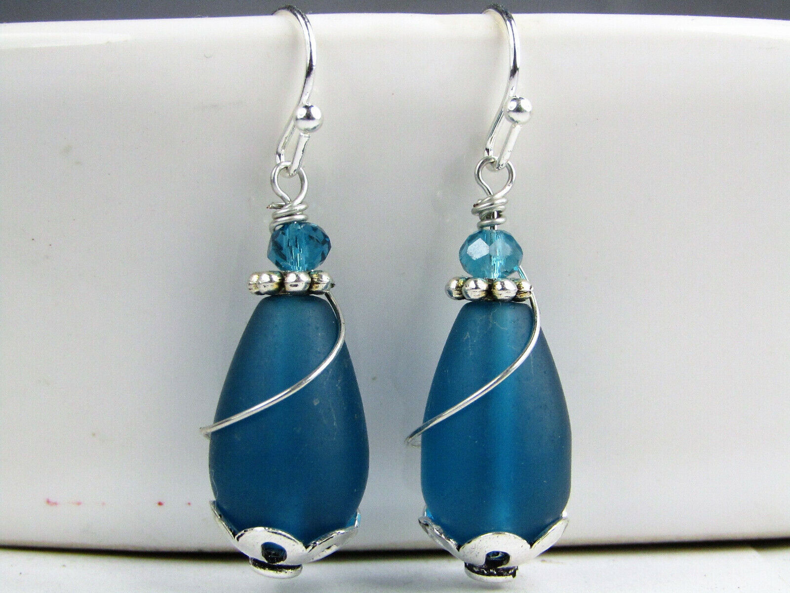 Teal Blue Sea Glass Teardrop, Silver Ladies Dangle Earrings, Beach Fashion