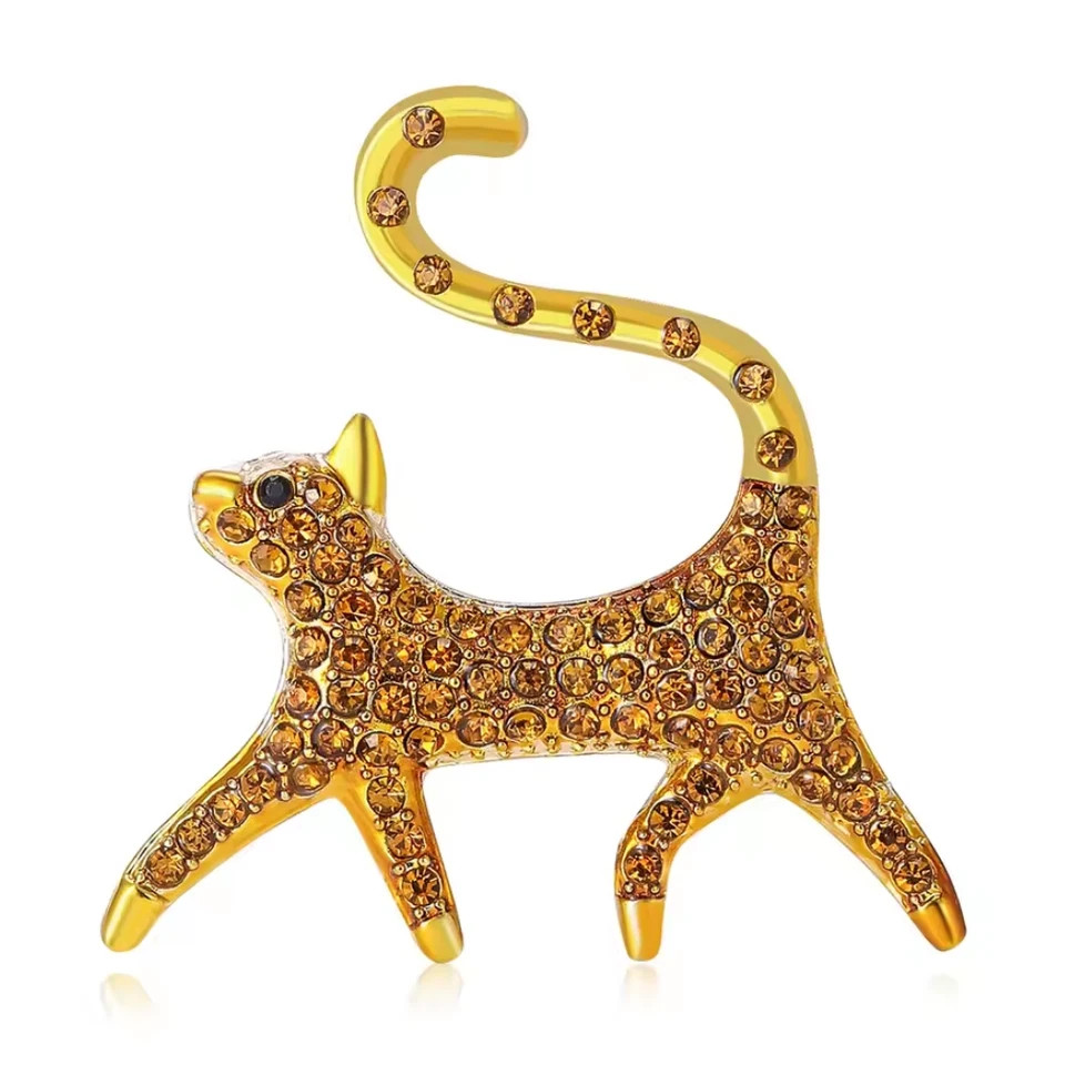 Vintage Style Rhinestone Cat Brooch Gold Pin Cute Animal Statement Jewelry Gift