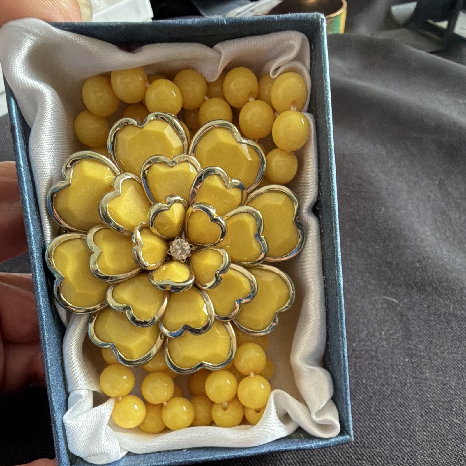 Yellow Beaded Stretch Statement Bracelet Large Flower Centerpiece Plastic