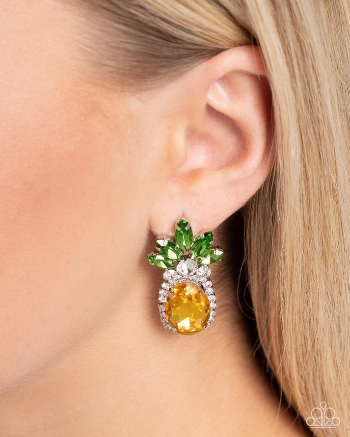 Paparazzi Green & Yellow Pineapple Rhinestone Post Back Earrings