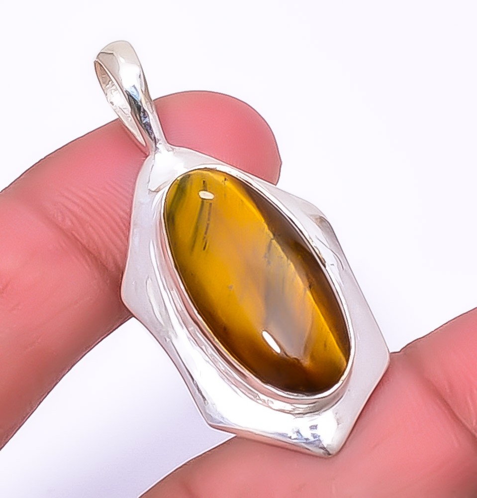 Yellow Tiger Eye – South Africa Gemstone 925 Silver Plated Pendant 1.76″ A356