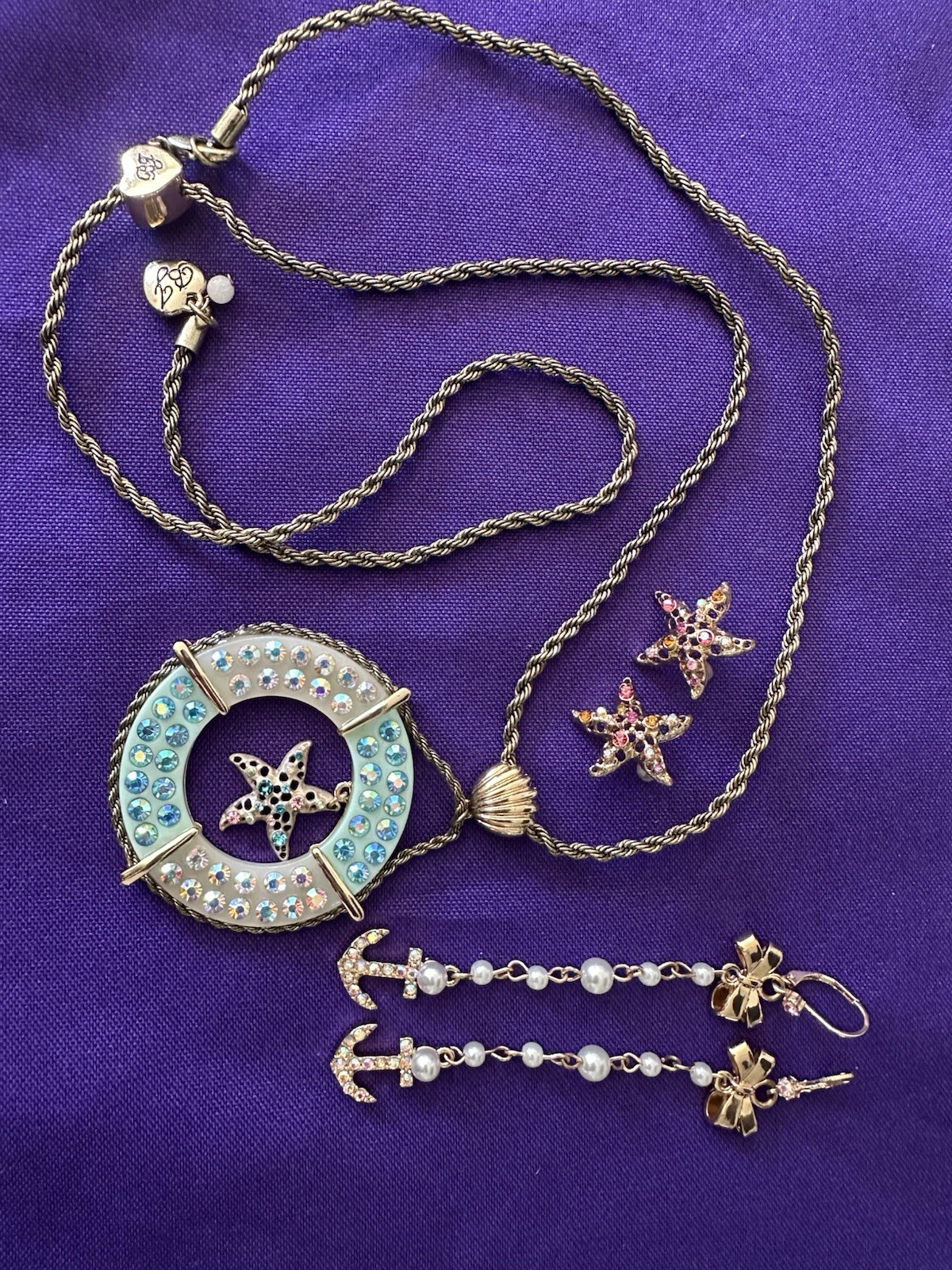 Betsey Johnson Cruise Lifesaver Gold Chain Starfish Necklace Anchor Earrings