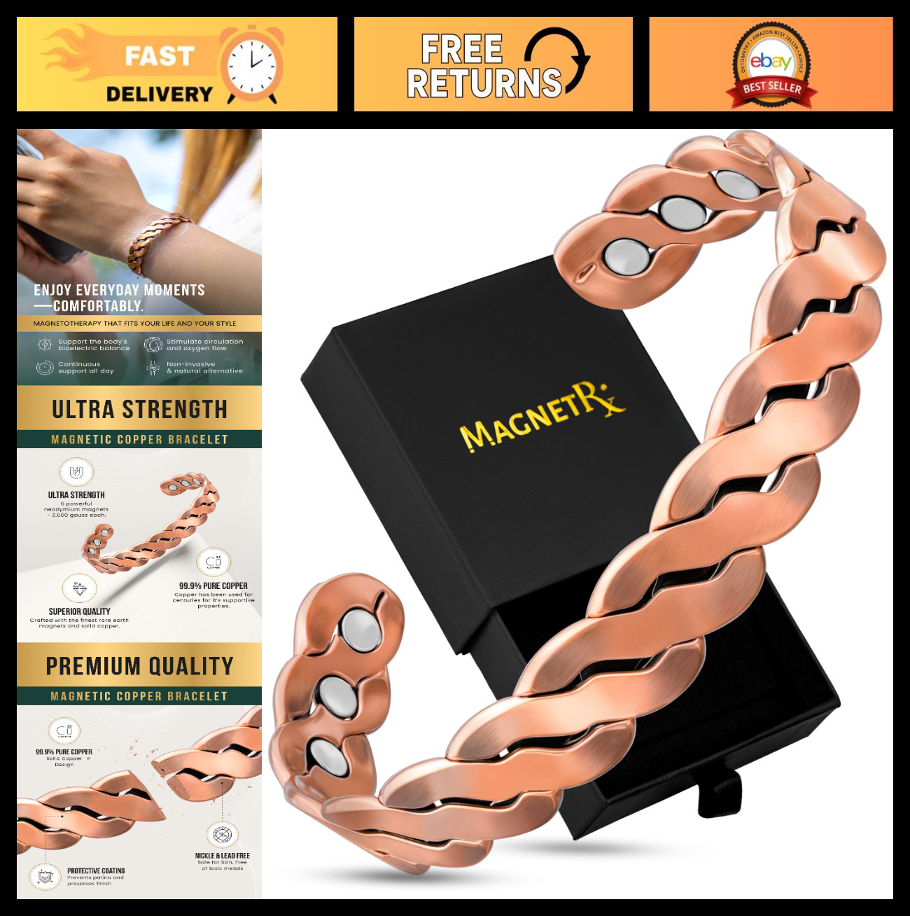 Adjustable Copper Magnetic Bracelet for Men & Women – Twisted Cuff Bangle