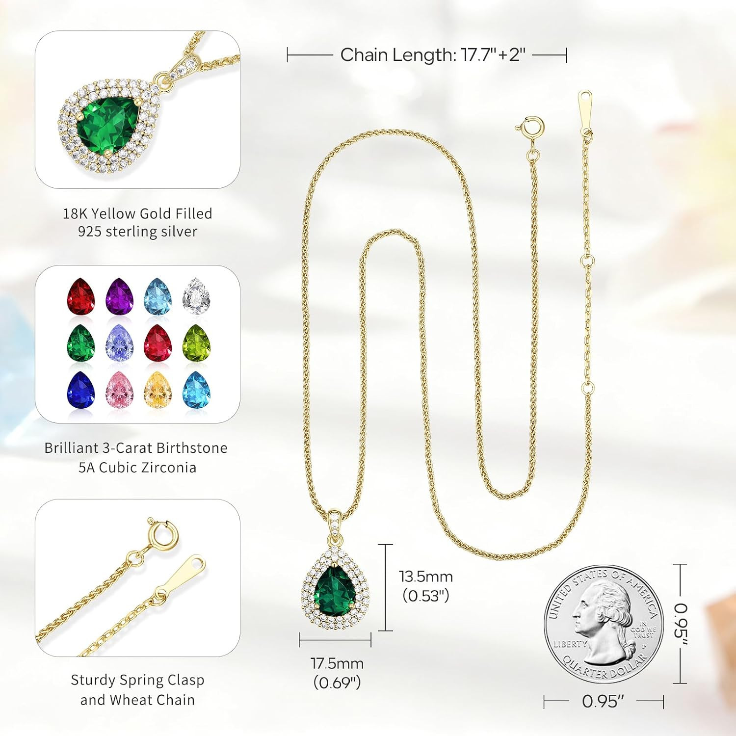 Birthday Gifts for Wife-18K Gold Plated Teardrop Birthstone Necklace- with Light