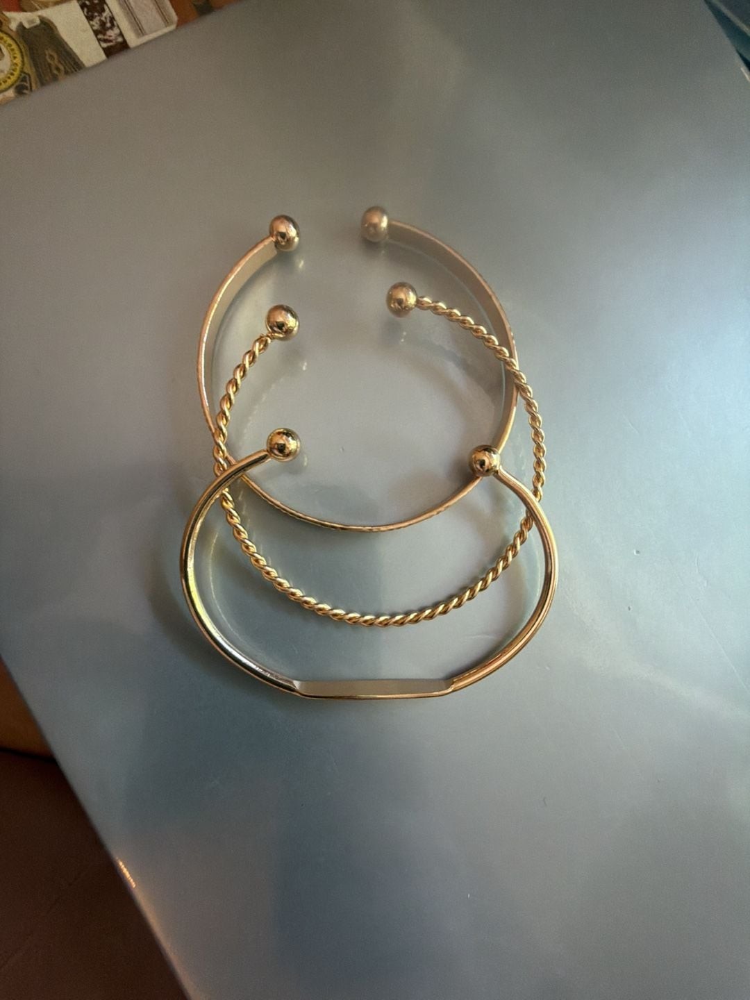 Gold-Tone Open Cuff Bracelet Set with Ball Ends and Twist Detail