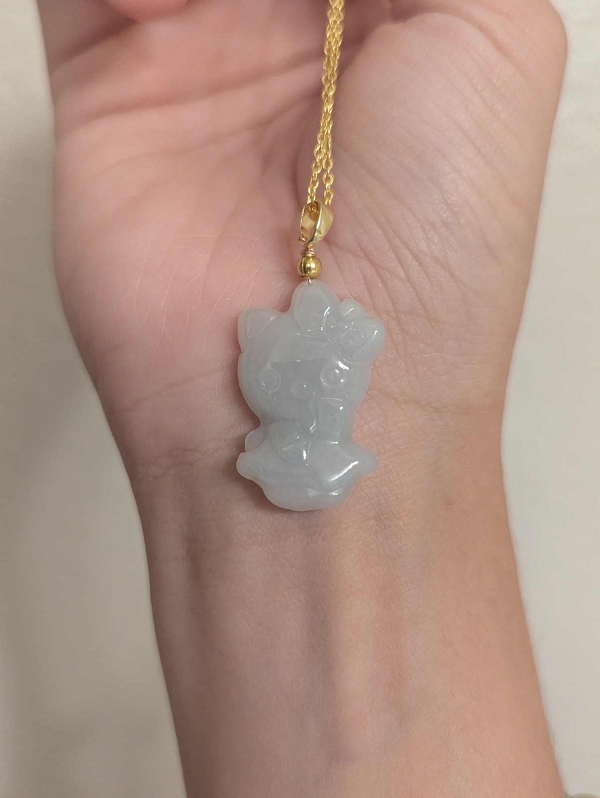 Jade Hello Kitty Necklace, Pale Color, Gold Plated Chain, Untreated