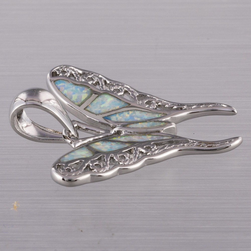 Hollow Butterfly White Fire Opal Silver Jewelry Necklace Pendant