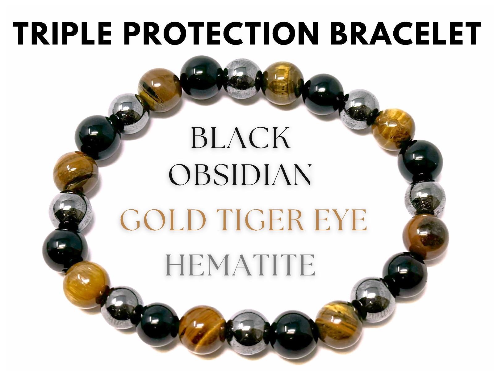 Triple Protection Bracelet: 8 mm Beads (Tiger Eye, Black Obsidian, & Hematite)