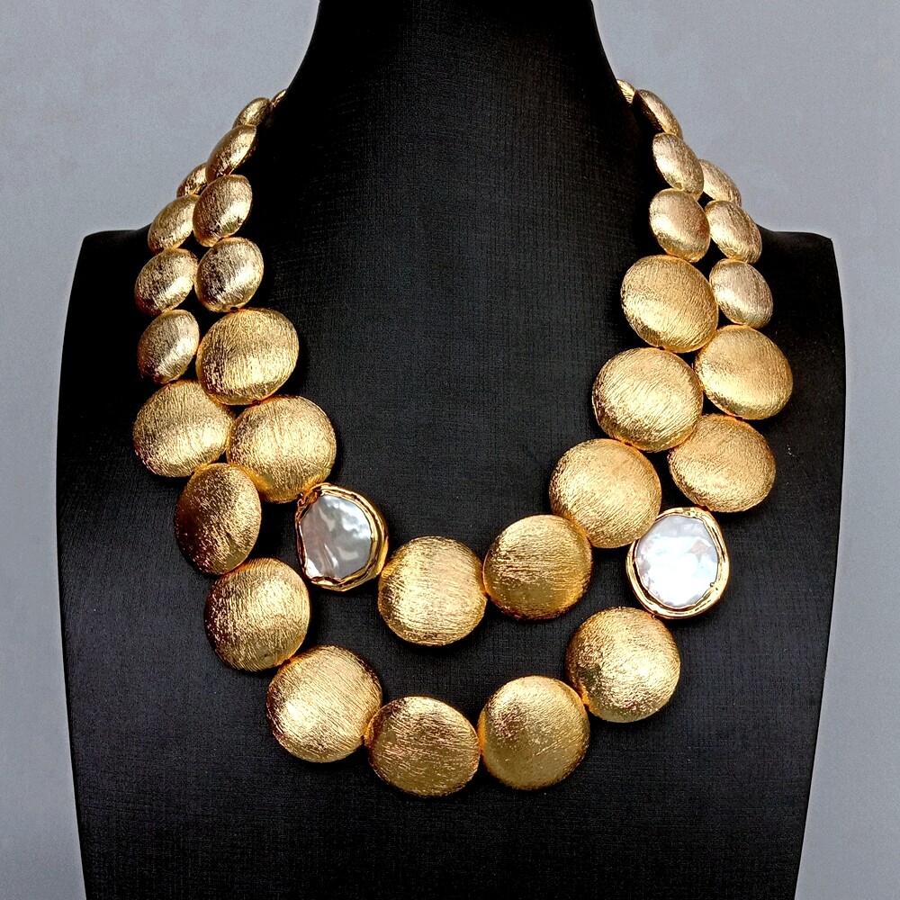 18″ 2 Rows Gold Plated Brushed Coin Bead Cultured White Coin Pearl Necklace
