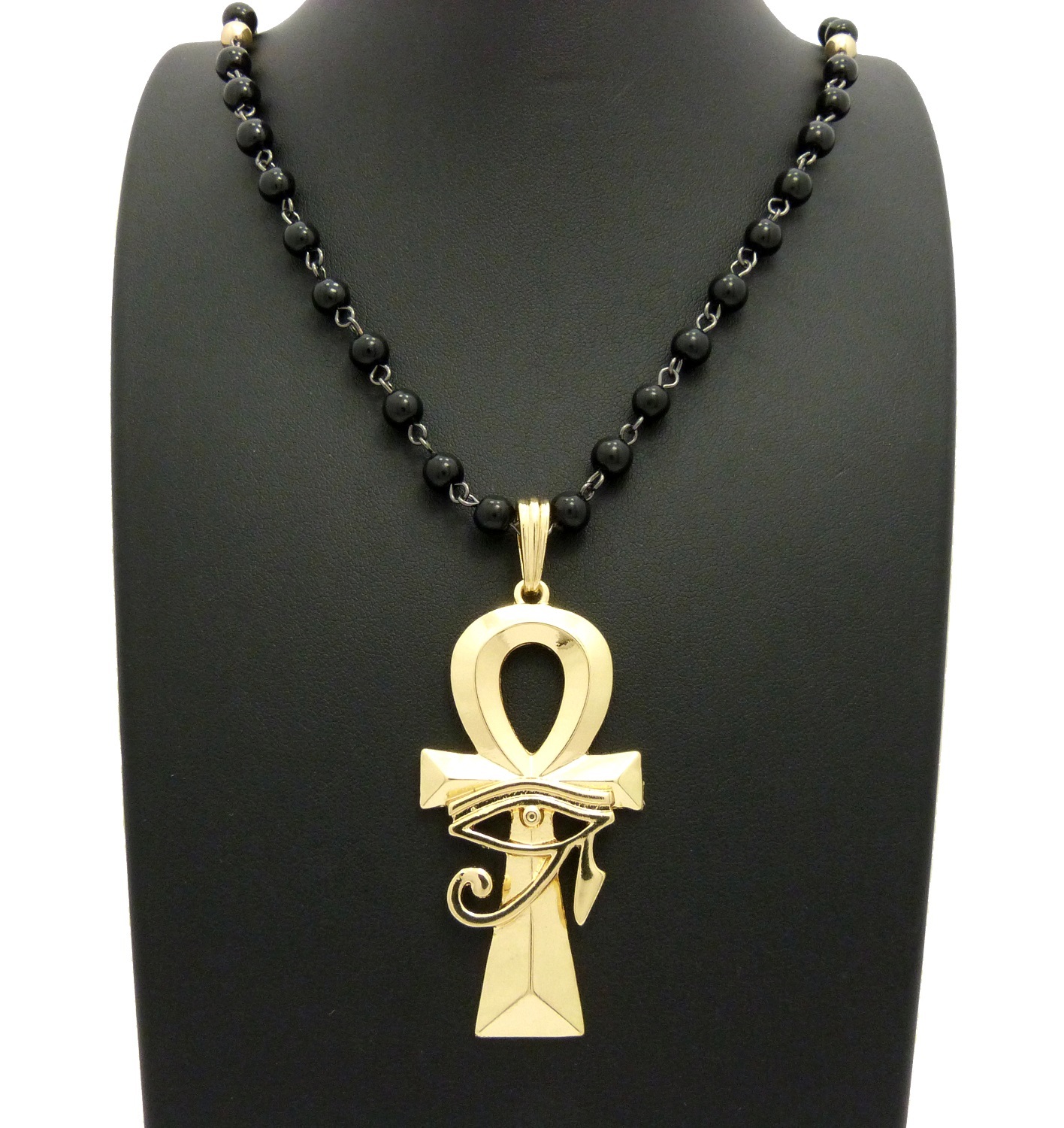 NEW EGYPTIAN ANKH CROSS PENDANT & 30″ GLASS BEAD CHAIN HIP HOP NECKLACE – RC2370